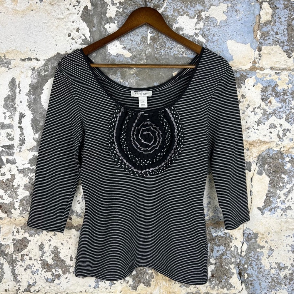 White House Black Market Striped Rosette Top Black White 3/4 Sleeve Small